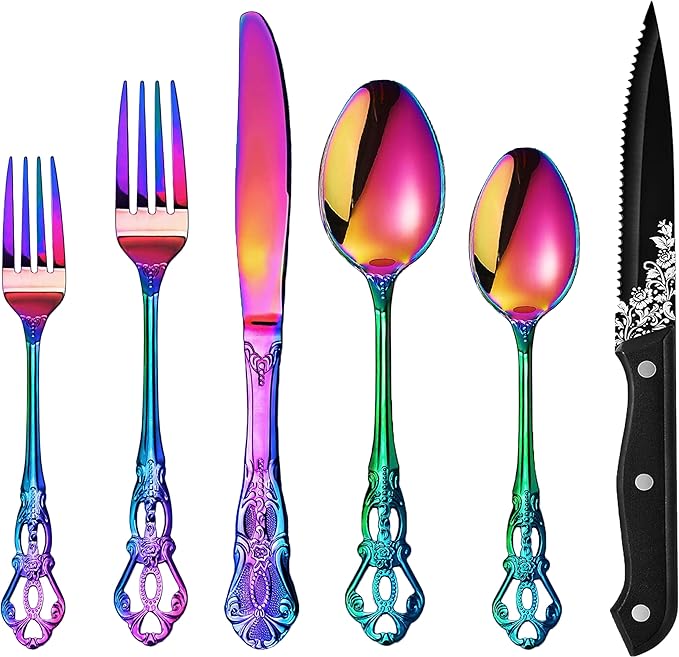 Runfly Retro Royal Rainbow 48 Pieces Flatware Set, Gorgeous Multicolour Silverware Set For 8, Anti-rust Stainless Steel dark Cutlery Set Utensils Including Fork Spoon and Knife