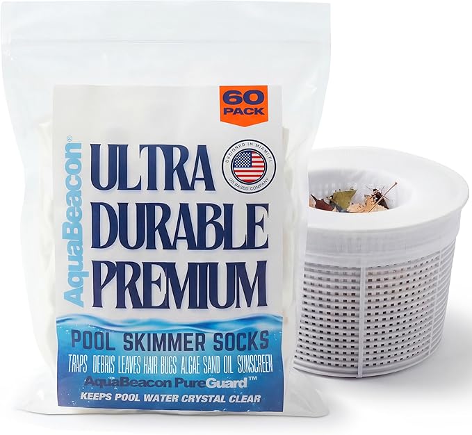 Aquabeacon® Premium 60-Pack Original Longer Lasting Pool Skimmer Socks PureGuard, Ultrafine Mesh Perfect Pool & Spa Savers for Filters, Baskets, and Skimmers