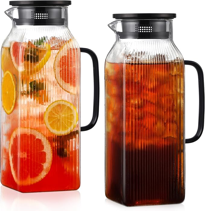 2 Pack 2 Liter/68 oz Square Glass Pitcher with Lid, Classic Stripes Water Pitchers with Handle for Fridge, Large Jug for Iced Tea, Coffee, Borosilicate Glass Carafe for Hot/Cold Brew Drink, Black
