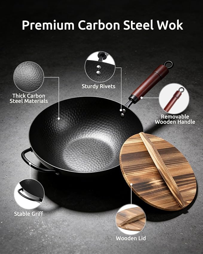 Wok Pan, Carbon Steel Wok, Woks & Stir-Fry Pans Nonstick, 13 Inch Wok Pan with Wooden Lid, Pre-Seasoned Carbon Steel Cookware, 5.8QT Flat Bottom Chinese Wok Paella Pan, Compatible with All Cooktops