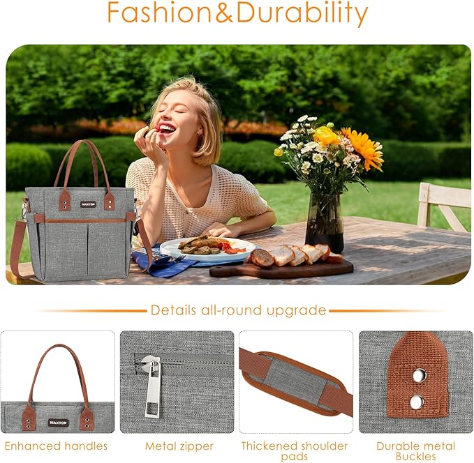 MAXTOP Lunch Bag Women for Work Insulated Thermal Lunch Box with Wide-Open Pocket Reusable Leakproof Cooler Bags with Removable Shoulder Strap for Teacher Nurse Office Picnic Travel Grey