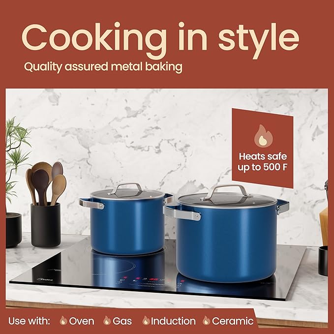 Bakken 3 Quart Ceramic Coated Stock Pot with Lid, Easy to Clean Nonstick Pot, Tempered Glass Lid, Riveted Stainless Steel Handles, Oven Safe Up To 500°F, PTFE & PFAS Free, All Stove Compatible, Blue