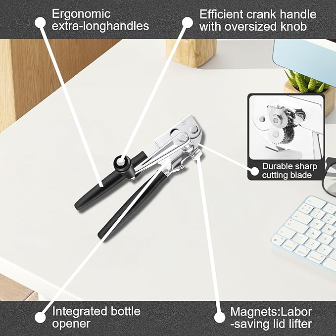 Commercial Can Opener Manual, RICKUNCL Heavy Duty Can opener with Magnet, Stainless Steel Handheld Can Opener with Folding Easy Crank Handle Oversized Knob for Big Cans and All Size Cans
