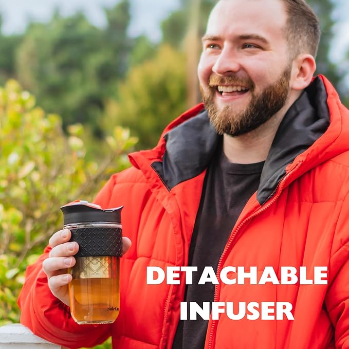 Large Travel Mug Loose Tea Infuser - Detachable Tea Strainer with Spill Proof Lid - 18oz/530ml BPA-Free Reusable Glass Travel Coffee Cup with Silicone Band (Red, 18oz)