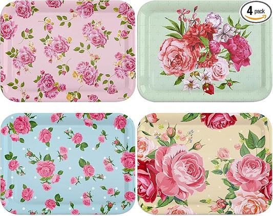 4 Pcs Melamine Serving Trays Platters Snack Trays Reusable Rectangle Platters for Sports Game Day Flower Tea Party Food Dessert Cookies Serving Plates Supplies, 13 x 9.7 Inch(Flower)
