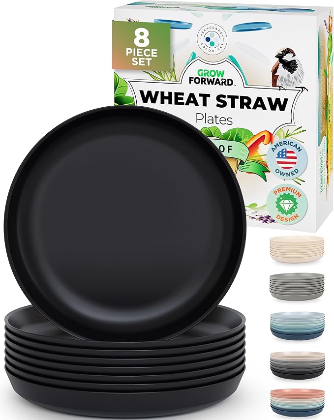 Grow Forward Premium Wheat Straw Plates - 10 Inch Reusable Hard Plastic Dinner Plates Set of 8 - Unbreakable Microwave Safe Plates for Dessert, Camping, RV, Outdoors, Patio, Kitchen Dishes - Midnight
