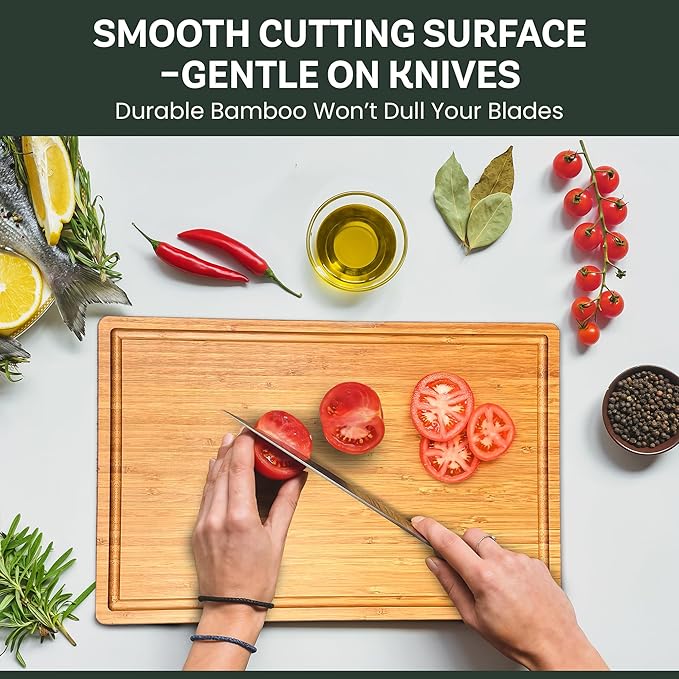 Bambüsi Large 16 Inch Bamboo Cutting Board with Juice Groove and Handles - Heavy Duty Butcher Block for Kitchen, Meat, Cheese, Vegetables, Food Prep and Serving