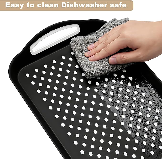 Non Slip Lap Trays with Handles, Set of 2 Food Trays for Eating on Couch, Dishwasher Safe Rectangular Serving Trays for Dinner, Breakfast & Snacks (Black)