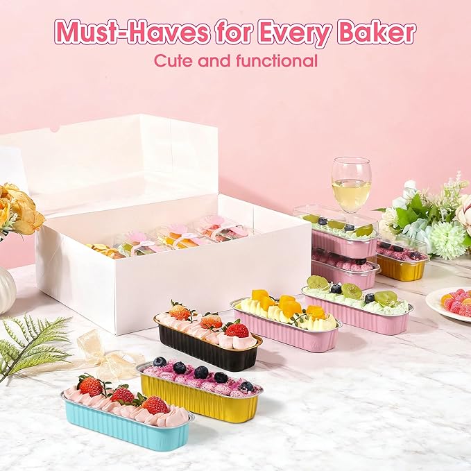 100 Pack Mini Cake Pans with Lids and Spoons,Disposable Aluminum Foil Cake Tins（6.8oz） Individual Small Cake Baking Containers for Party,Wedding,Birthday