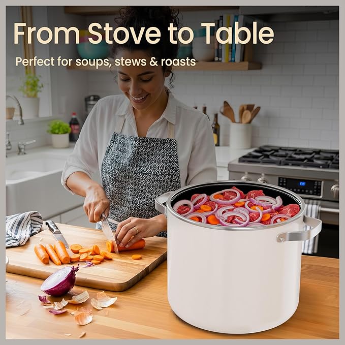 Bakken 16 Quart Ceramic Coated Stock Pot with Lid, Easy Clean Nonstick Pot, Tempered Glass Lid, Riveted Stainless Steel Handles, Oven Safe Up To 500°F, PTFE & PFAS Free, All Stove Compatible, Cream