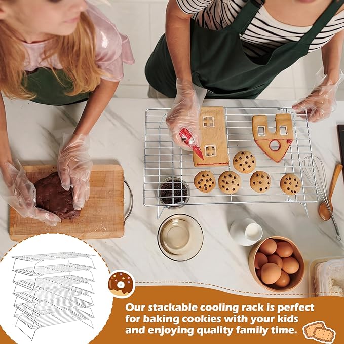 6 Tier Silver Stackable Cooling Rack 15.7" x 9.85" Foldable Baking Rack Collapsible Low Carbon Steel Wire Large Capacity Roasting Baking Gifts for Women Roasting Grilling Silver