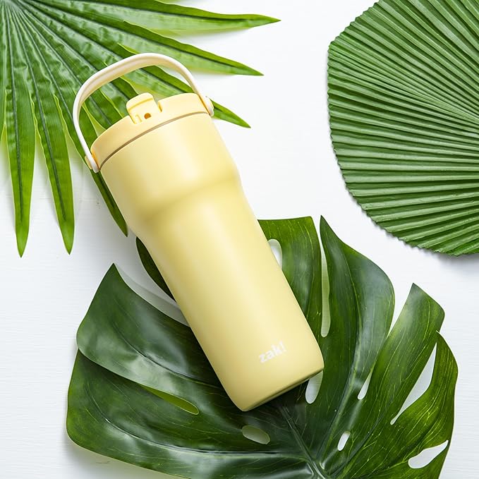 Zak Designs Sutton Travel Tumbler for On the Go, 30oz Stainless Steel with Vacuum Insulation, Straw Spout, Carry Handle for Cold Drinks (Vanilla Yellow)