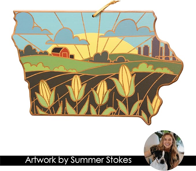 Totally Bamboo Iowa State Shaped Cutting Board and Charcuterie Serving Platter with Artwork by Summer Stokes, Includes Hang Tie for Wall Display