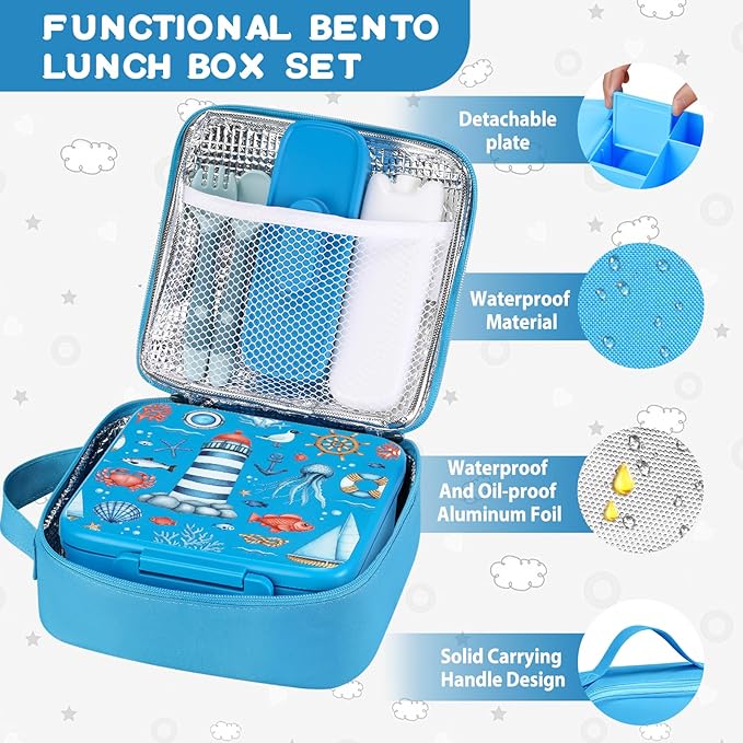 MAISON HUIS Bento Lunch Box with 8oz Soup Thermo, 5-Compartment Leak-Proof Container, Thermo Hot Food Jar and Insulated Lunch Bag, BPA Free,Travel, School
