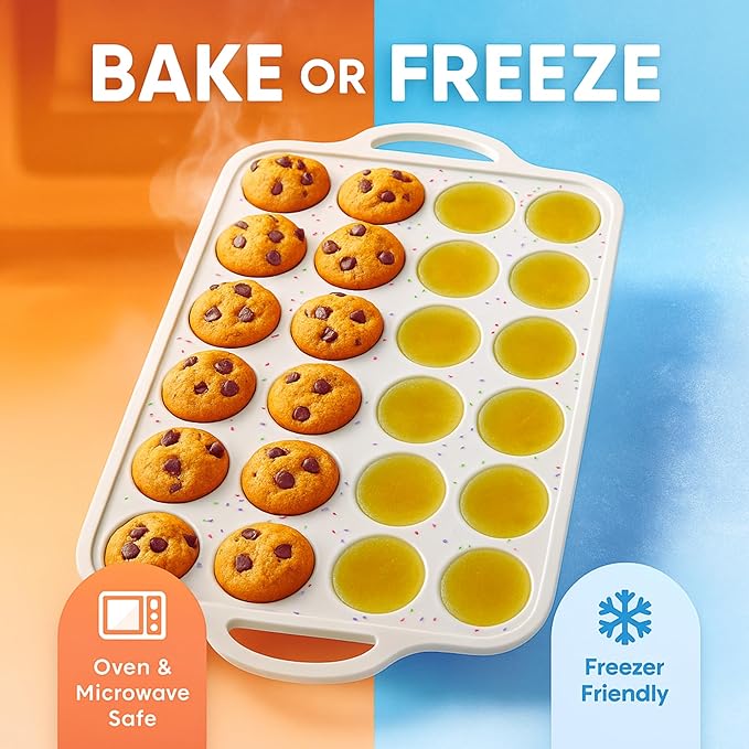 2-Pack Silicone Muffin Pan Set – Regular 12 Cup & Mini 24-Cup Silicone Muffin Pans for Baking – Nonstick Silicone Cupcake Pan with Metal-Reinforced Handles – BPA-Free, Dishwasher-Safe, Cream