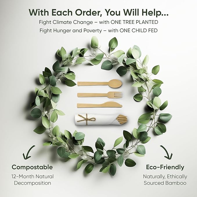 Premium Pre-Rolled Napkin and Bamboo Cutlery Set (30 Pack, 120 PCS) 100% Biodegradable, Eco-Friendly, Disposable Wrapped Cutlery - Includes Pre-Wrapped Bamboo Forks, Knives, Spoons, & Napkins