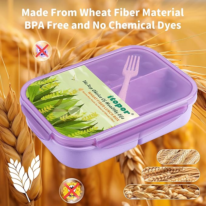 Wheat Straw Lunch Box, Leakproof 3-Compartment Bento Box for Kids & Adults, BPA-Free, Microwave & Dishwasher Safe, 5.5 Cup/1400 ml, Purple