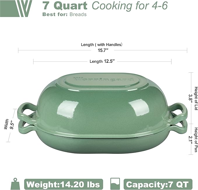 Enameled Cast Iron Sourdough Bread Oven, Dutch Oven, Loaf Cast Iron Bread Pan for Homemade Bread Baking, Meatloaf Pan with Lid, 7QT, Sage Green