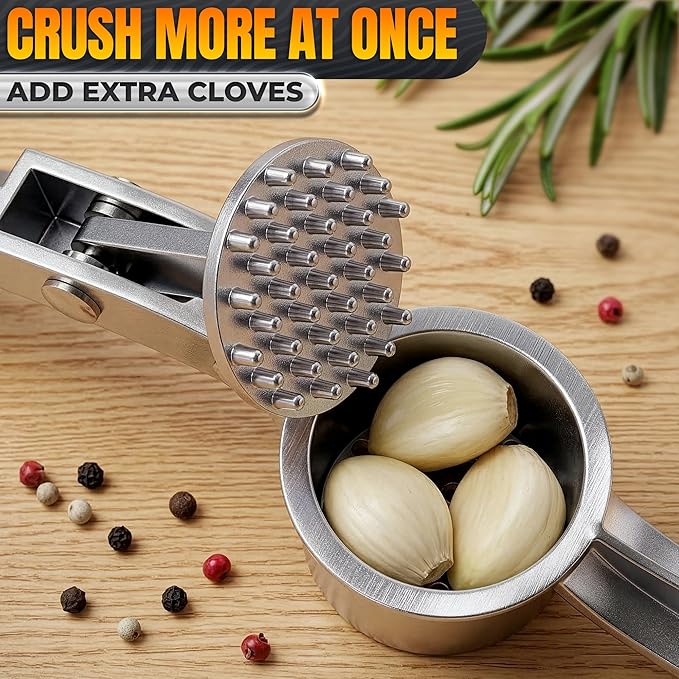 Stainless Steel Garlic Press - Ginger Mincer with 37 Built-In Studs for Maximum Extraction, for Garlic, Ginger and Soft Nuts - Ergonomic Handle, Dishwasher Safe and Rust-Resistant, No Peel Needed