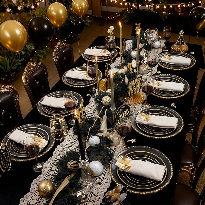 WDF 200PCS Black and Gold Plastic Plates - Black Plates Disposable for Party - Heavy Duty Plastic Plate for Graduation Wedding Party Birthday
