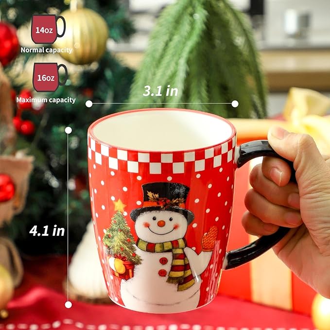 HASENSE Ceramic Coffee Mugs Set, 15oz Holiday Cups Set of 6, Holiday Cups with Handles for Hot Cocoa,Coffee,Idea Gifts for Women,Family,Friends, Red & Withe