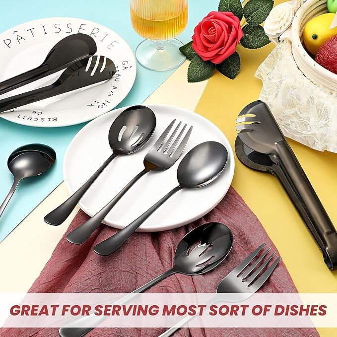 Patelai 8 Pcs Black Stainless Steel Serving Utensils Set 8.7" Large Spoons and Slotted Spoon 9.45" Tong 9" Forks Flatware Wedding Valentine's Day Holiday Party Buffet Banquet Cooking Kitchen Catering