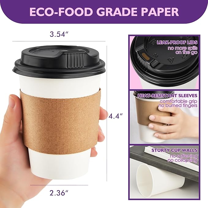 12 oz 50 Pack Disposable Coffee Cups with Lids and Sleeves, Coffee Paper Cups with Lids, To Go Beverage Drinking Cup for Coffee, Tea