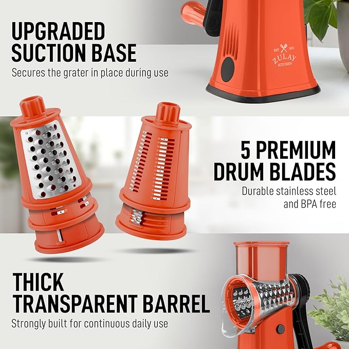 Zulay Kitchen Rotary Cheese Grater 5 Blade Cheese Shredder - Manual Hand Crank Cheese Grater With Reinforced Suction & 5 Interchangeable Drums - Easy to Use, Vegetable Chopper Round Mandoline Slicer