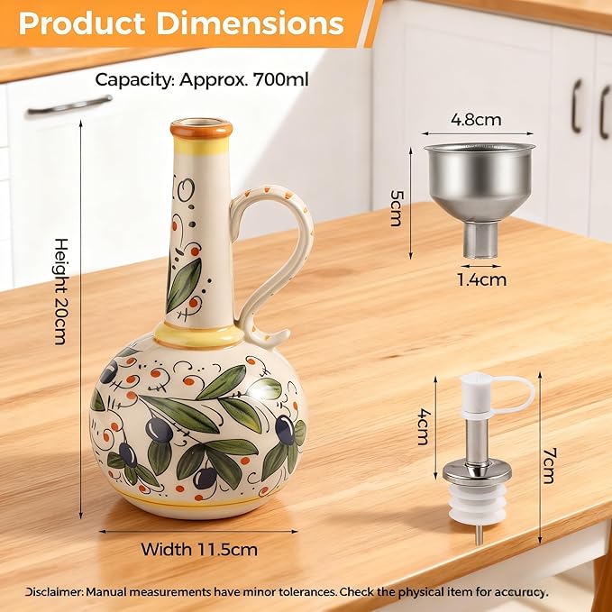 Ceramic Olive Oil Dispenser Bottle 23oz, Hand Painted Olive Oil Bottles, Decorative Stoneware Olive Oil Cruet for Kitchen with Stainless Steel Spout for Oils, Sauces, Vinegar
