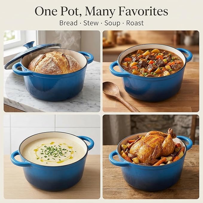 5.5QT Enameled Cast Iron Dutch Oven Pot with Lid,Heavy-Duty Cookware for Sourdough Bread Baking,Braising,Stews,Roasting,Oven Safe up to 500°F,blue