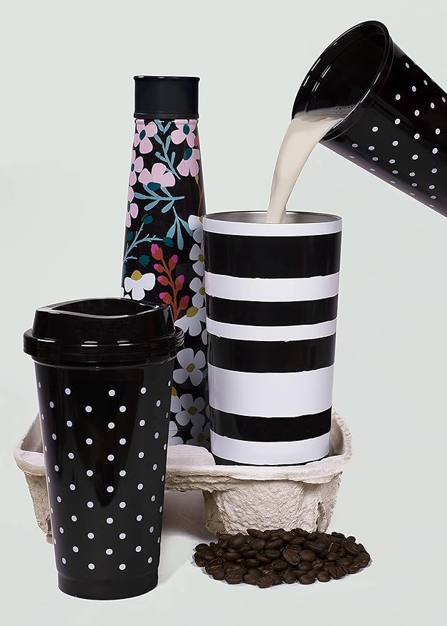 kate spade new york Black/White Reusable Coffee Cups with Lids, Travel Tumbler Set of 4, 16oz BPA-Free Plastic Cups with Lids, Coffee Mugs for Hot or Cold Drinks, Dots and Stripes