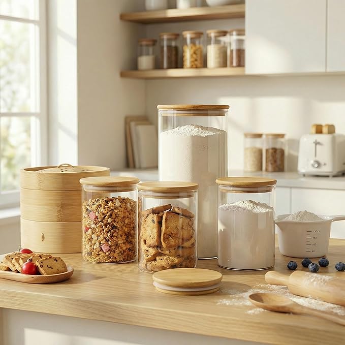 Extra Large Glass Flour and Sugar Storage Containers with Airtight Lids,132 floz x2 [Set of 2] Big Glass Jars with Bamboo Lids, Air Tight Food Storage Jars for Cereal, Pasta, Rice, Coffee