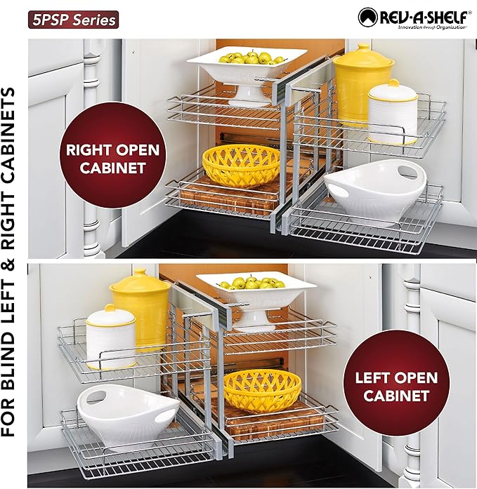 Rev-A-Shelf Chrome Two-Tier Wire Bottom Optimizer for 15" Blind Corner Cabinet Openings, Storage Organizer with 4 Shelves, 5PSP-15-CR