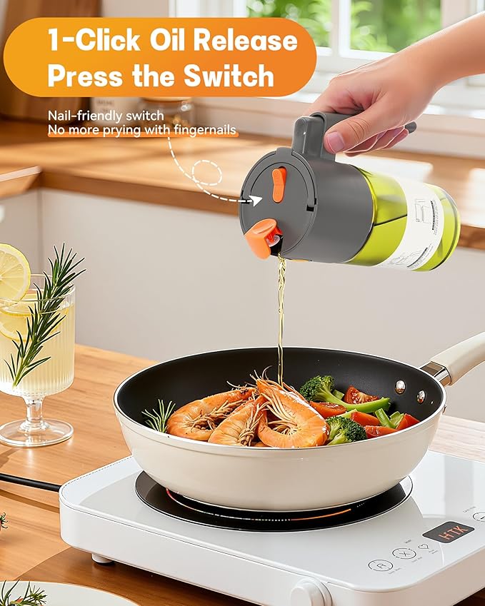 Upgrade 2 in 1 Oil Sprayer for Cooking, 17oz Light-Blocking Glass Olive Oil Dispenser Bottle for Kitchen,Food-Grade Oil Mister with 8 Stickers for Salad, Frying (Green Bottle-Grey Gap)