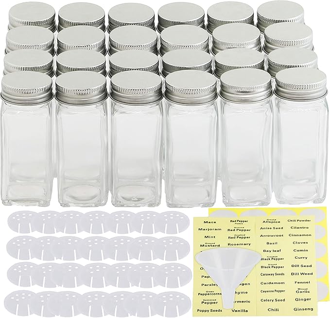 Simple Houseware Spice Jars 4 Ounce Square Glass Bottles with Shaker Lids, Funnel and Labels for Seasoning & Storage, 24 Pack