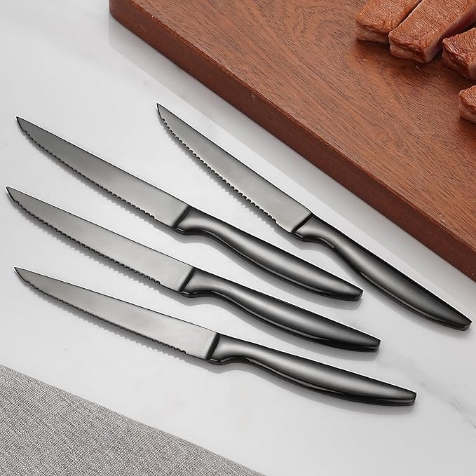 SuperCook Black Steak Knives of 12, High End Stainless Steel Steak Knives Set of 12, Dishwasher Safe Steak Knive, Serrated
