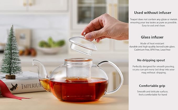 CnGlass Replacement Glass Tea Infuser with Lid for 20.3oz Teapot,Borosilicate Glass-Odor and Stain Free
