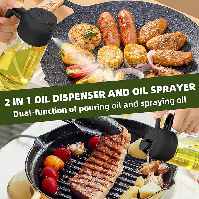 2pcs Oil Sprayer for Cooking, 16oz/470ml Oil Dispenser for Kitchen, 2 in 1 Olive Oil Dispenser Bottle for Kitchen Gadgets, Air Fryer, Salad, BBQ (Black, Green)