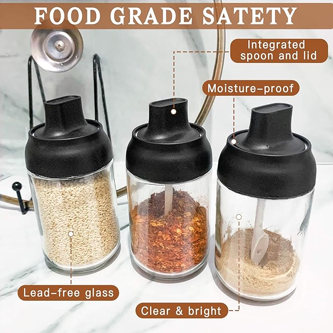 Supkiir Spice Containers Glass, 3Pcs Kitchen Glass Condiment Containers with Lids 8 oz Spice Jars, Small Spoons for Spice Jars Moisture-Proof Seasonings Container Set for Storage Spices