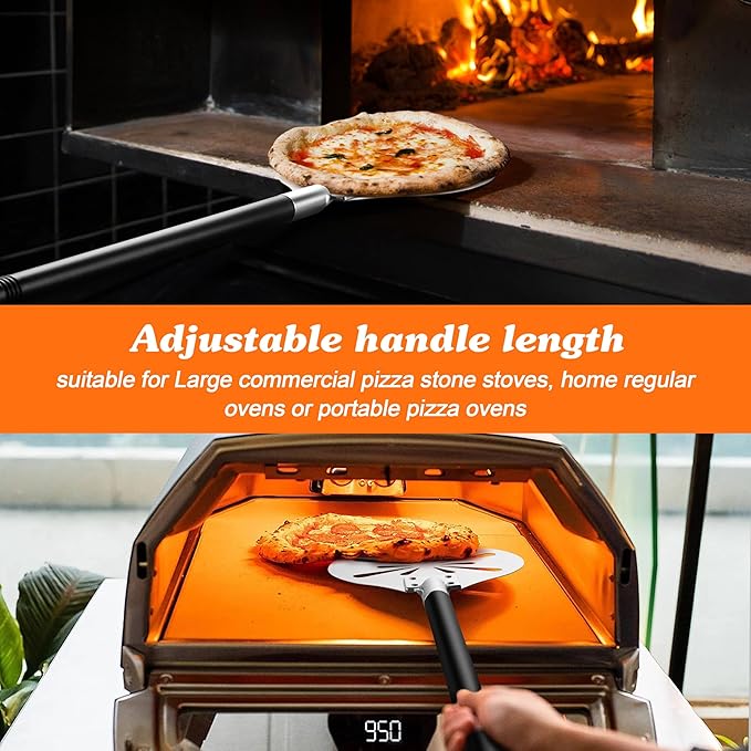 Pizza Peel with Pizza Cutter Wheel, HaSteeL 8-Inch Perforated Pizza Turner Spatula with Long Handle, Lightweight Stainless Steel Paddle Spinner for Home & Commercial Pizza Oven Accessories, Food Grade