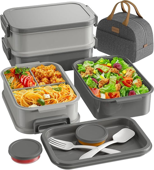 Adults Bento Lunch Box Set with Thermo Bag, 74oz Stackable Leak-proof 3-tiers Bento Box, Built-in Utensil and Sauce Container for Work, School, Dining Out (Gray)