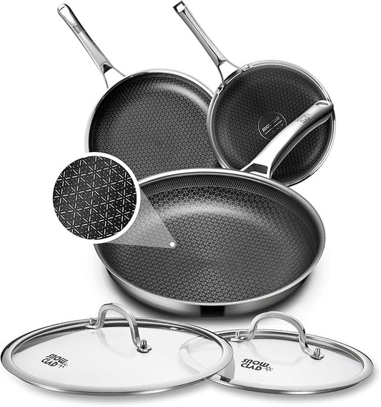 Non Stick Frying Pans with 2 Lids, 8+10+12 inch, Hybrid Frying Pans Set Nonstick,Skillets Stainless Steel Fajita, Dishwasher & Oven-Safe, Induction Compatible Cooking Pan, PFOA Free Cookware