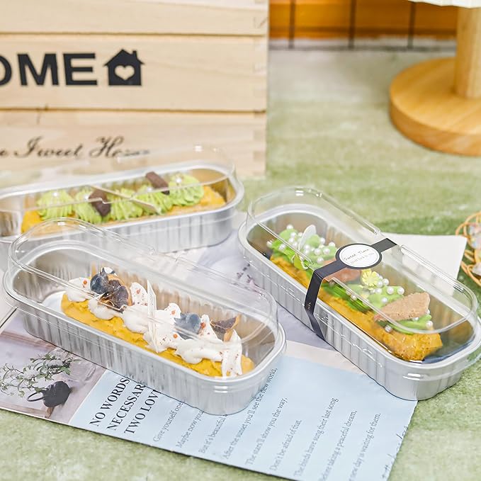Mini loaf pans with lids Rectangle Aluminum Foil Cake Tins Baking Pans for Wedding Birthday Party 6.8oz(Silver, 50Pack)