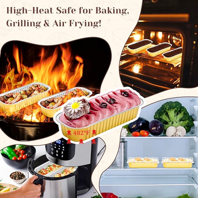 100 Pack Mini Cake Pans with Lids Spoons & 1 Piping Bag and Tips Set – 6.8oz Disposable Aluminum Foil Yellow Mini Loaf Pans for Cake Tins, Baking, Gift & Parties