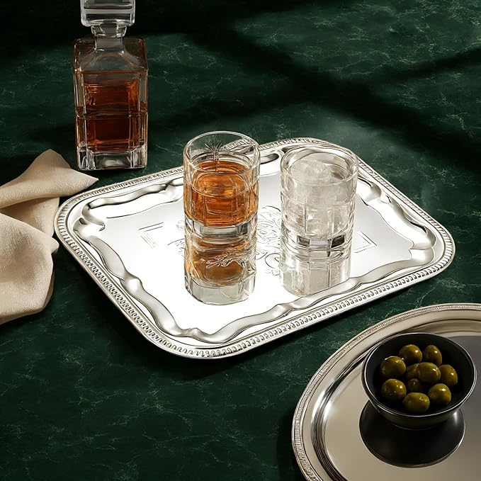 4-Pack 15.7" x 11.8" Silver Serving Trays for Party Set - Floral Engraved Serving Platters, Wedding Birthday Mirror Tray for Easter, Food, Appetizer, Charcuterie, Cookies, Desserts