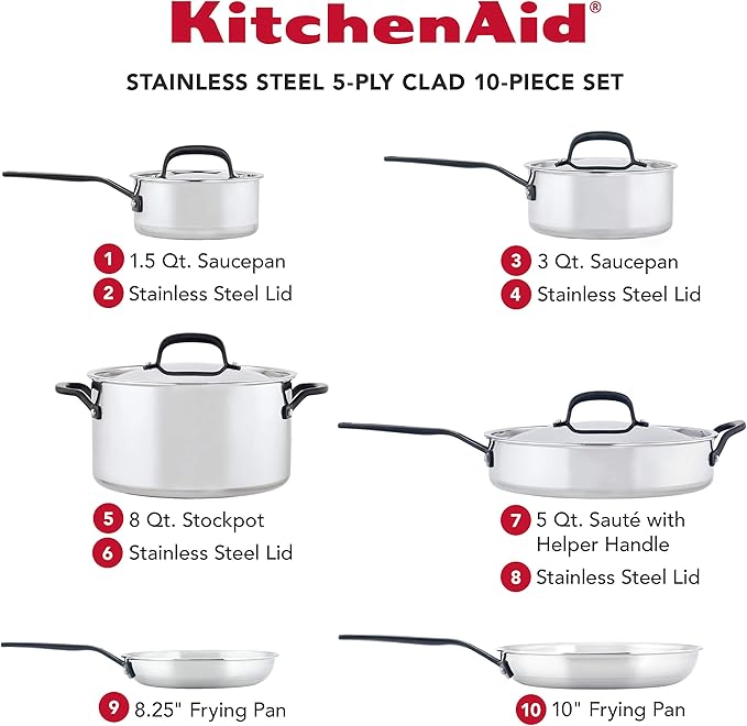 KitchenAid 5-Ply Clad Polished Stainless Steel Cookware Pots and Pans Set, Cookware Set (10 Piece)