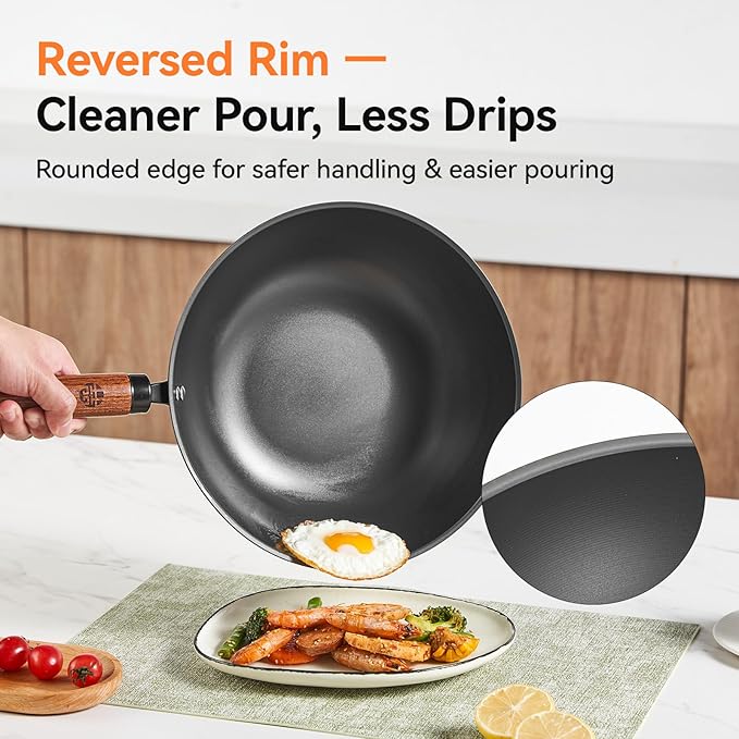 WANGYUANJI Carbon Steel Wok Pan - 10 Inch Nitrided Rust Resistant Stir Fry Pan, Flat Bottom Deep Iron Skillet with Lid, Lightweight Induction Cookware for 1-2 People, No Chemical Coating (26cm)