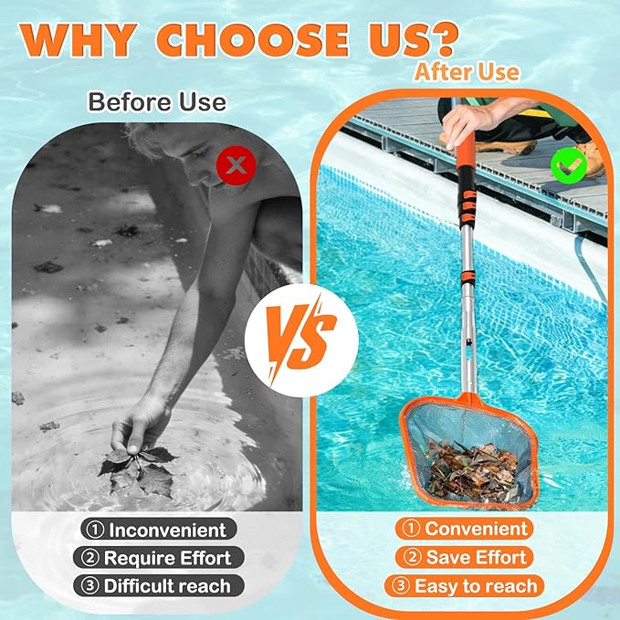 4-in-1 Pool Skimmer Net with Pole, Heavy Duty Pool Net and Fine Mesh Leaf Skimmer Net for Above Ground Pool, 12FT Telescopic Pool Pole with Professional Pool Net and Pool Hook for Cleaning