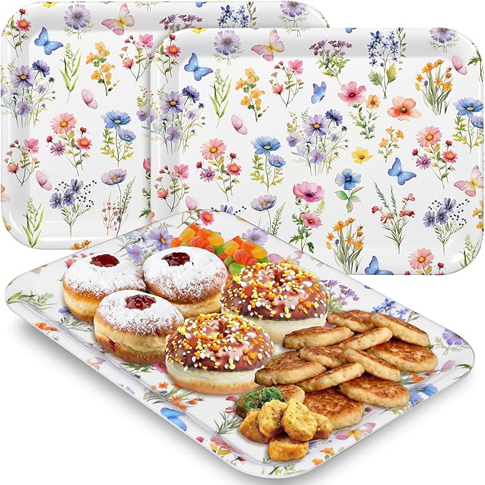Vesici 3 Pcs Spring Wildflower Serving Trays 13 x 10 Inch Colorful Floral Melamine Platters Reusable Rectangular Serving Dishes for Wedding Bridal Tea Party Sharing Snacks Fruit Dessert Candy