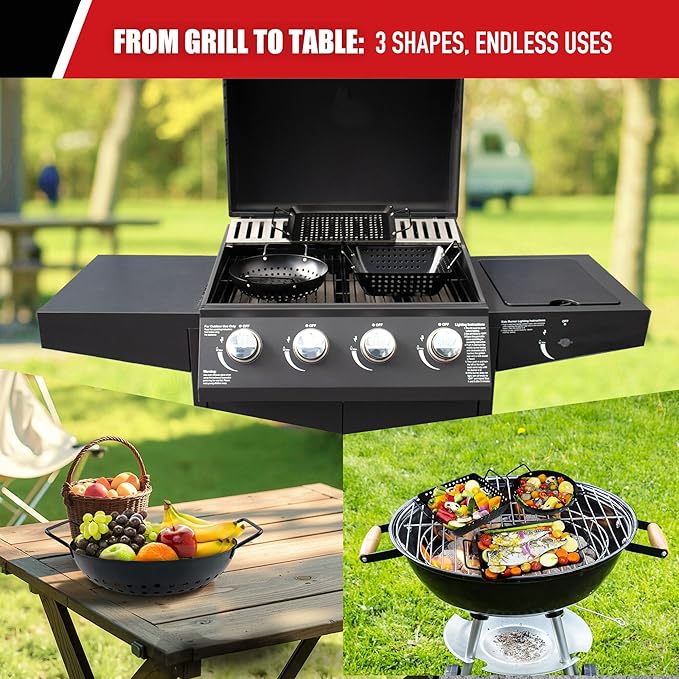 Qetumst Small Non-Stick 3 Piece Grill Basket Set – BBQ Grilling Basket for Vegetables, Seafood & Meat – Heavy Duty Perforated Grill Pan for Charcoal, Gas and Outdoor Grills, Easy to Clean Grilling Accessories